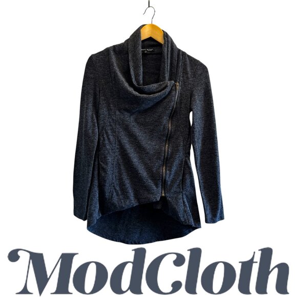 Modcloth Cowl Neck Asymmetric Side Zip Charcoal Grey Cardigan Knit - Picture 2 of 6